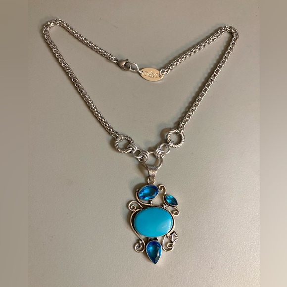 Blue topaz & blue agate turquoise color gemstone maille handmade boho necklace - Picture 8 of 15